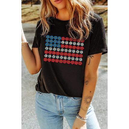 Black Cute Flowers Make Up American Flag Trendy Graphic T Shirt