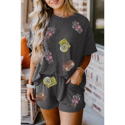 Carbon Grey Sequin Crawfish Food Print Textured Tee and Short Set