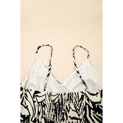 Khaki Tropical Palm Print Wrapped V Neck Spaghetti Straps Tiered Dress