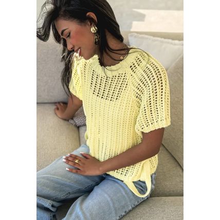 Yellow Cream Hollow-out Crochet Side Tied Short Sleeve Sweater