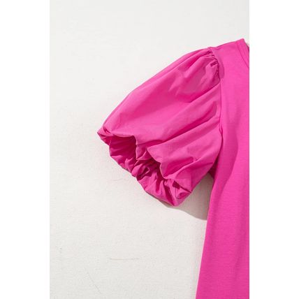 Strawberry Pink Casual Round Neck Bubble Sleeve T-shirt