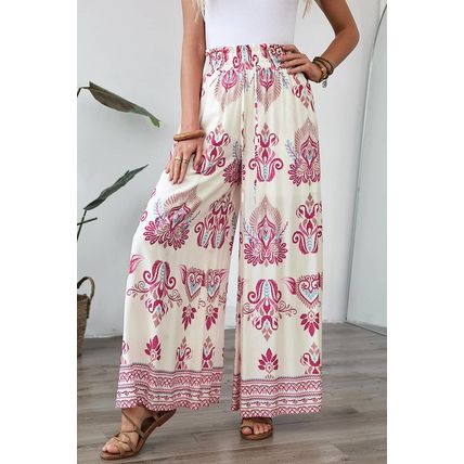 Rose Boho Printed Shirred High Waist Flowy Wide Leg Pants
