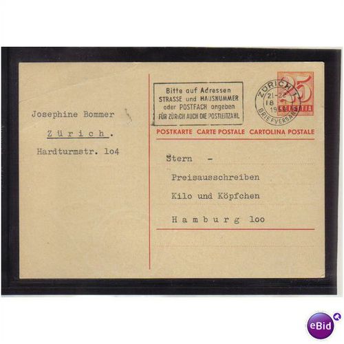 1959 SWITZERLAND PREPAID POSTCARD 25C ZURICH 18/1B PMK