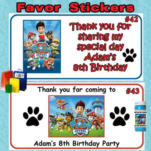 Paw Patrol Birthday Favor Bag/Box Stickers/Labels 1 sheet Personalized