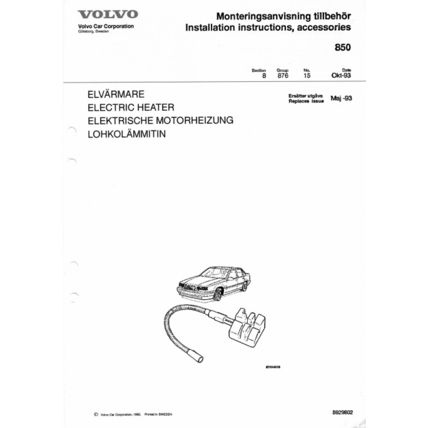 Volvo 850 Electric Heater Installation Instructions 1993 5929802 PDF