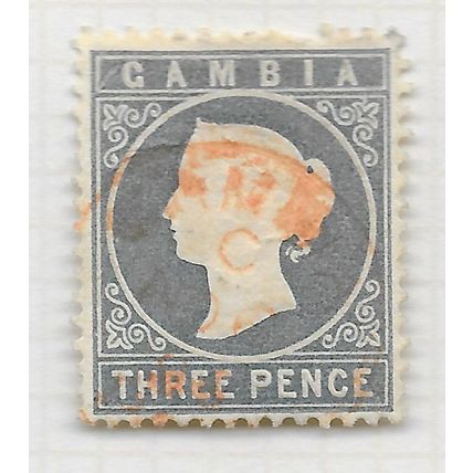 GAMBIA 1886 CLASSIC THREE PENCE WMK CA USED SG29 29 SG RED POSTMARK fault