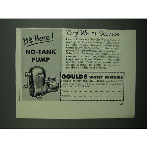 1953 Goulds No-Tank Pump Ad - City Water Service