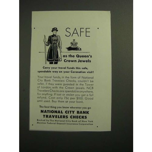 1953 National City Bank travelers checks Ad - Safe as Queen's Crown Jewels