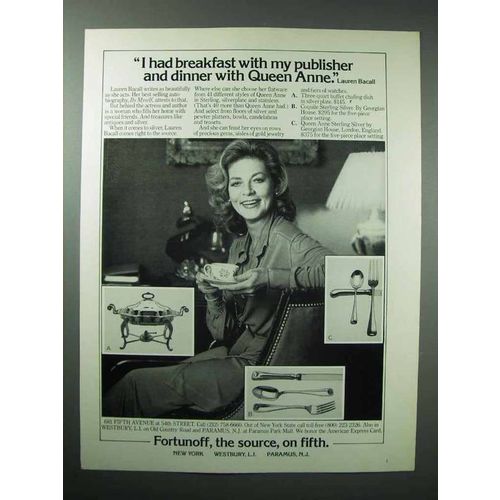 1980 Fortunoff Silver Ad - Lauren Bacall - I Had Breakfast With Publisher