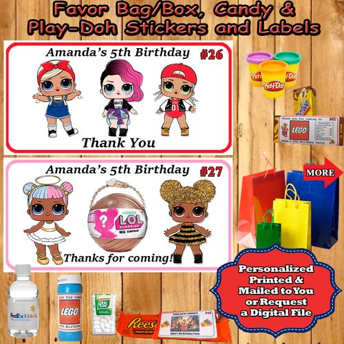 LOL Surprise Birthday Stickers 1 sheet Favor Water Bottle Label Personalized