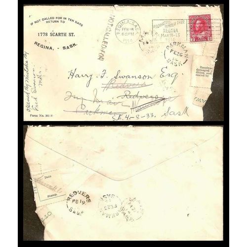 Canada Admiral PO Sealed RETURNED 1914 Slogan Sask, Parkman Split Ring