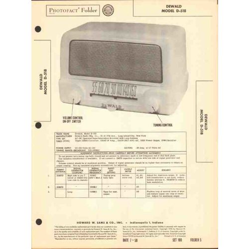 DEWALD model D-518 5 tube AM radio receiver Sams Photofact manual