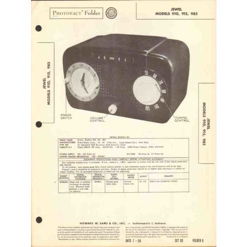 JEWEL model 910 915 985 AM radio receiver clock Sams Photofact manual