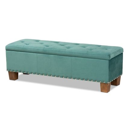 Padded Velvet Ottoman Storage Bed Bench Button-Tufted Nail Head Teal Blue Gray