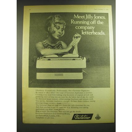 1969 Gestetner Duplicators Ad - Meet Jilly Jones Running off company letterheads