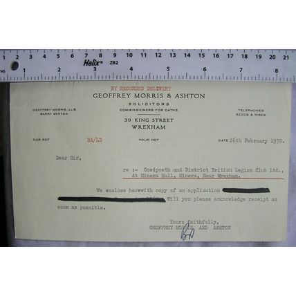1970 letter Geoffrey Morris & Ashton, Wrexham re Coedpoeth & Dist British Legion