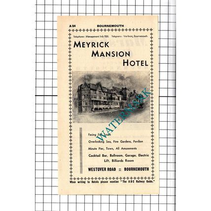 Marsham Court Hotel Bournemouth / Meyrick Mansion Hotel Advert - 1958 Cutting