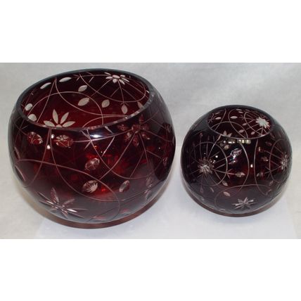 2 Mint Vintage Hand Made Ruby Red Bohemian Cut Crystal Art Glass Bowl Vase Set