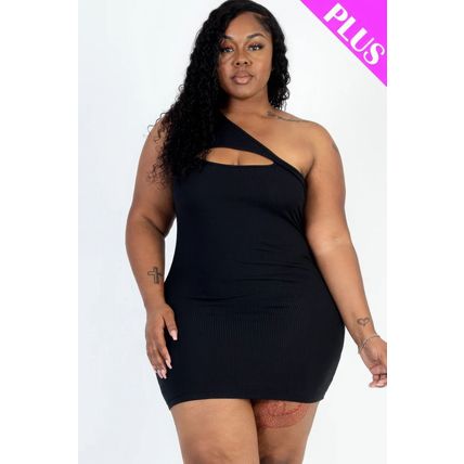 Plus Size Ribbed One Shoulder Cutout Front Casual Mini Bodycon Dress