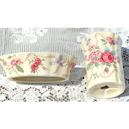 Vintage Bathroom Soap Dish & Toothbrush Holder Pink Ceramic Floral Design