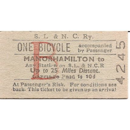 Sligo Leitrim & Nrthn Counties Rly Edmondson Ticket - Bicycle from Manorhamilton