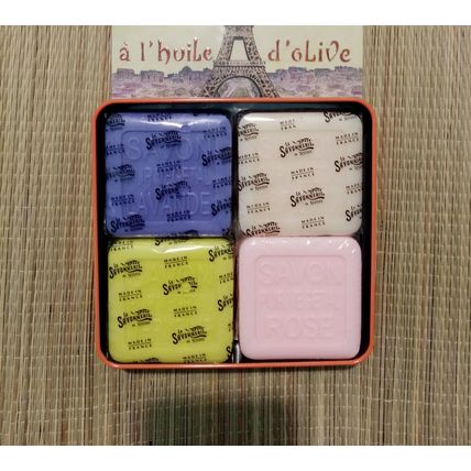 Set of 4 Soaps In A Tin Rose, Lavender, Verbena and Flower of Cotton