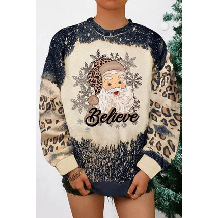 Black Believe Santa Clause Bleach Print Graphic Sweatshirt