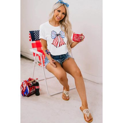White Stripes and Stars Bowknot Print T Shirt