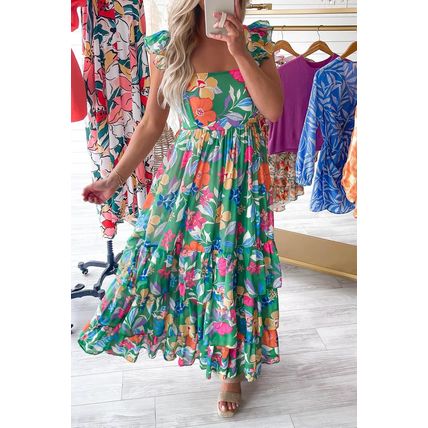 Green Floral Print Sleeveless Ruffle Tiered Maxi Dress