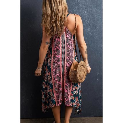 Pink Bohemian Floral Patchwork Print Long Sundress