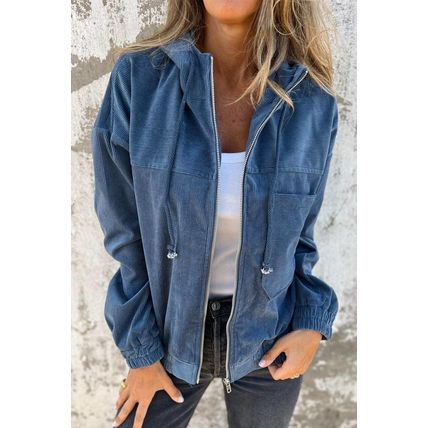 Real Teal Corduroy Drawstring Hooded Pocket Zip Up Jacket