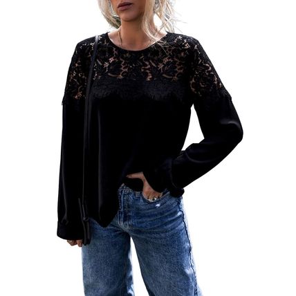 Black Lace Crochet Patchwork O Neck Long Sleeve Top