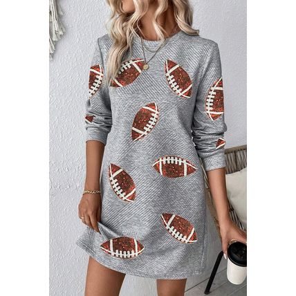 Gray Sequin Rugby Football Graphic Textured Long Sleeve Shift Mini Dress