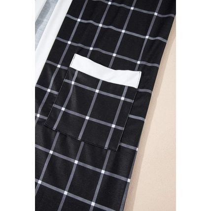Black Plaid Colorblock Edge Open Cardigan with Pocket