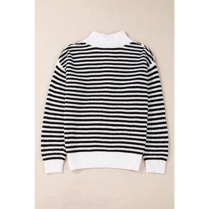 Black Stripe Zip up Collar Drop Shoulder Sweater