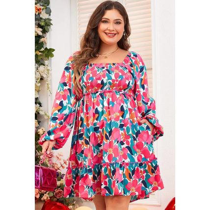 Rose Flower Print Smocked Square Neck Plus Size Dress