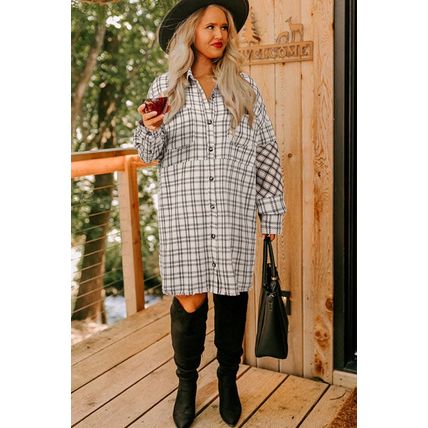 White Stripe Plus Size Plaid Buttoned Raw Hem Tunic Shirt Dress