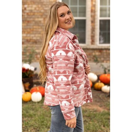 Pink Plus Size Aztec Print Chest Pocket Shacket