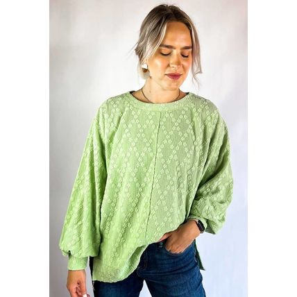Light Green Solid Color Textured Side Split Crew Neck Blouse