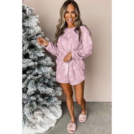 Lavendula Textured Leopard Fleece Loose Two Piece Lounge Set