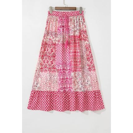 Red Boho Pattern Print Tassel Drawstring High Waist Maxi Dress