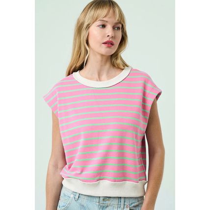 Sachet Pink Striped Crew Neck Cap Sleeve T Shirt