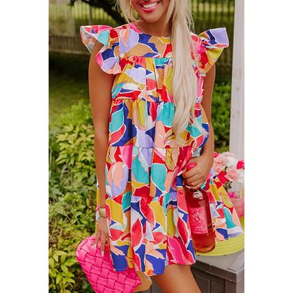 Pink Abstract Printed Ruffled Flutter Sleeve Tiered Mini Dress