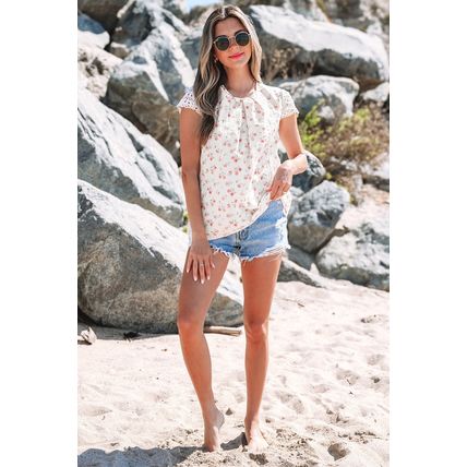 Pink Floral Print Embroidery Detail Crochet Cap Sleeve Blouse