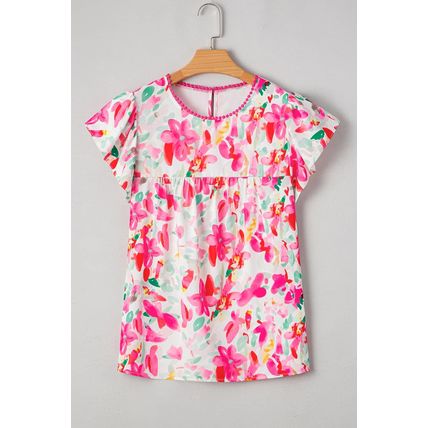 Rose Floral Print Flutter Sleeve Round Neck Casual Blouse