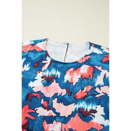 Blue Abstract Print Shirred Ruffled Short Sleeve Tiered Plus Size Mini Dress