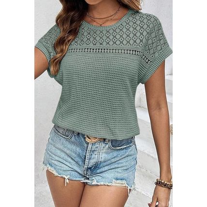 Mist Green Lace Patchwork Waffle Short Sleeve Top