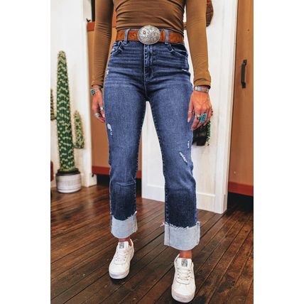 Real Teal Folded Cuffs Distressed Straight High Waist Jeans
