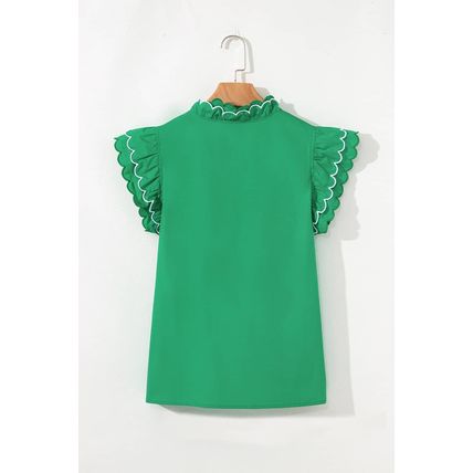Bright Green Contrast Scallop Trim Layered Short Sleeve V Neck Blouse