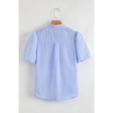 Light Blue Gingham Short Puff Sleeve Button Up Shirt